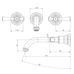 Phoenix Cromford wall basin/bath tap set technical drawing, brushed bronze, with dimensions and side/front views