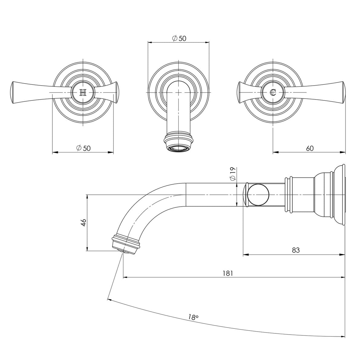 Phoenix Cromford wall basin/bath tap set technical drawing, brushed bronze, with dimensions and side/front views