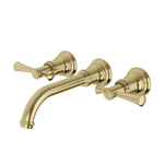 Phoenix Cromford brushed gold 3 piece wall basin/bath tap set with curved spout and cross handles on white background