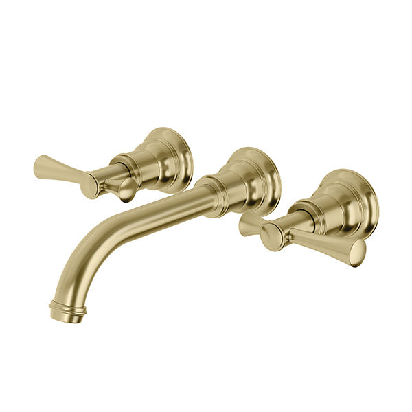 Phoenix Cromford brushed gold 3 piece wall basin/bath tap set with curved spout and cross handles on white background