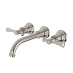Phoenix Cromford wall-mounted basin and bath tap set in brushed nickel with curved spout and two lever handles
