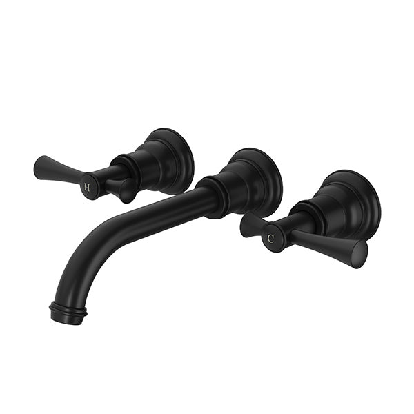 Phoenix Cromford matte black 3 piece wall basin/bath tap set with curved spout and cross handles, wall mounted