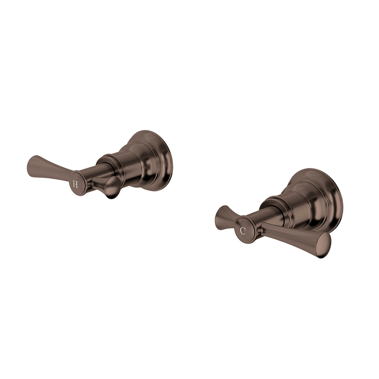 Phoenix Cromford wall top assemblies in brushed bronze, shown as a pair of wall-mounted tap handles on white background