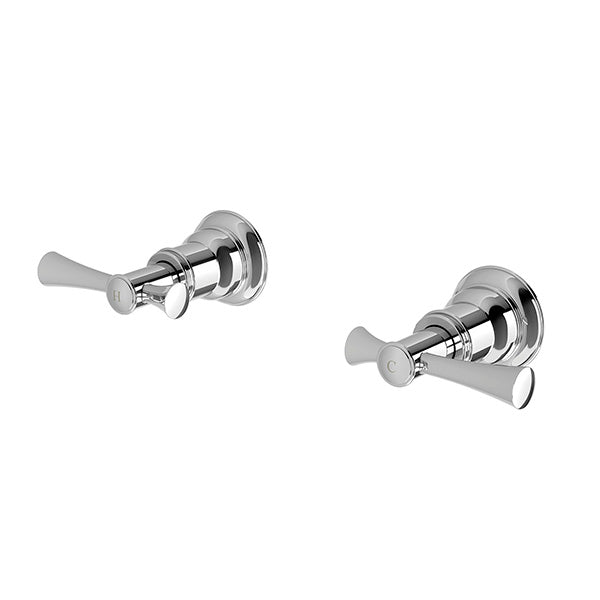 Phoenix Cromford chrome wall top assembly tap handles, hot and cold set, shown on white background
