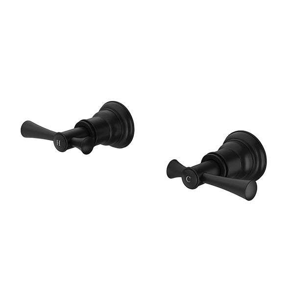 Phoenix Cromford matte black wall top assemblies with hot and cold tap handles on white background