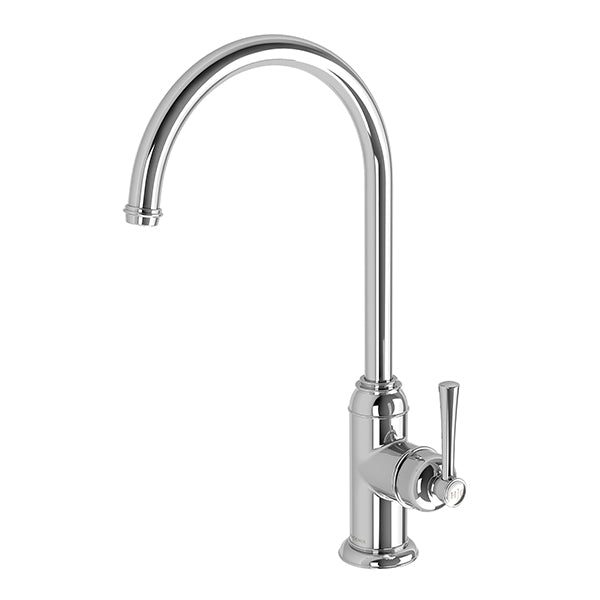 Phoenix Cromford chrome side lever sink mixer tap with curved swivel spout, front view on white background