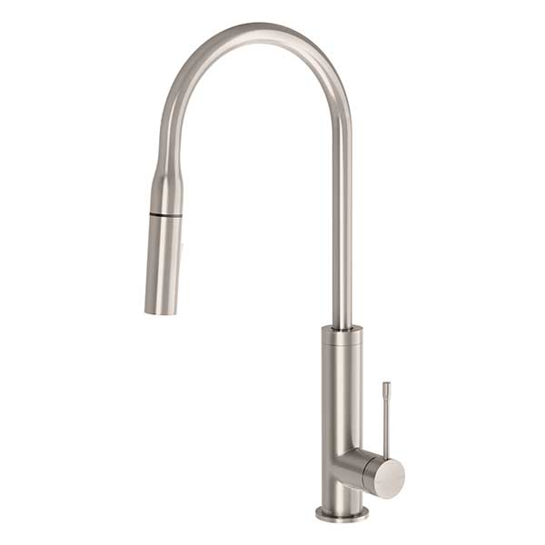 Phoenix Deja pull out sink mixer in brushed nickel, hob mounted with high gooseneck spout and side lever