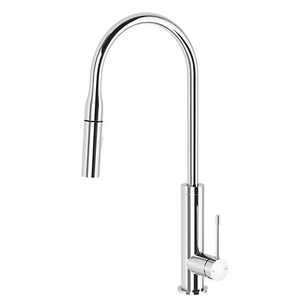 Phoenix Deja chrome pull out sink mixer tap with high arched swivel spout and side lever, front view on white background