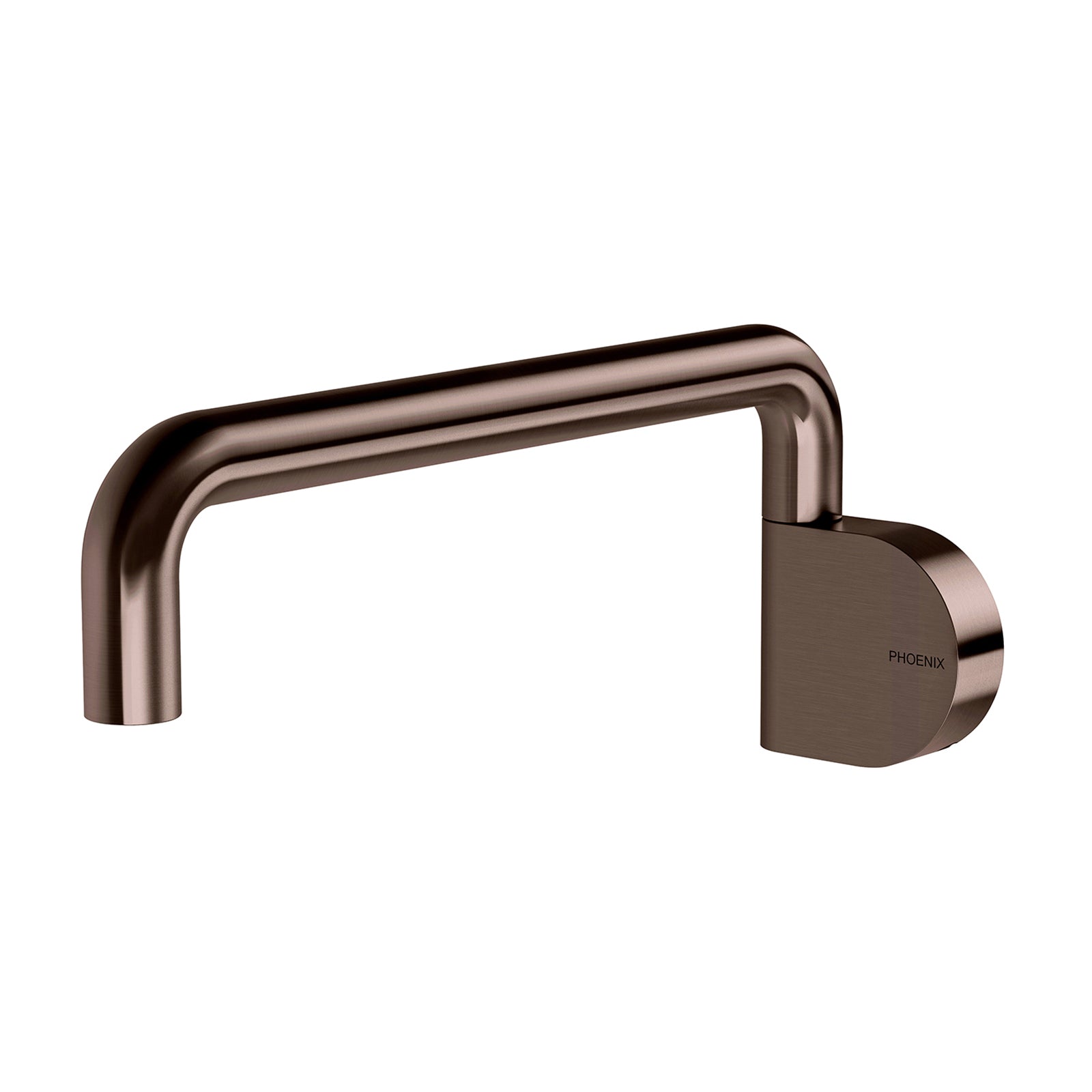 Phoenix Designer swivel bath outlet in brushed bronze, round wall-mounted bath spout shown on white background