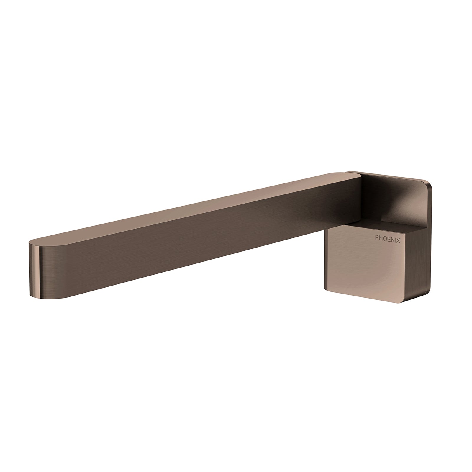 Phoenix Designer swivel bath outlet in brushed bronze, square wall-mounted tap spout shown in angled front view