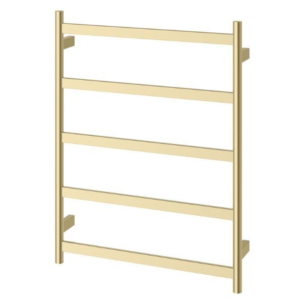 Phoenix Five Flat Bar Heated Towel Ladder, brushed gold, five-bar wall-mounted towel rail on white background