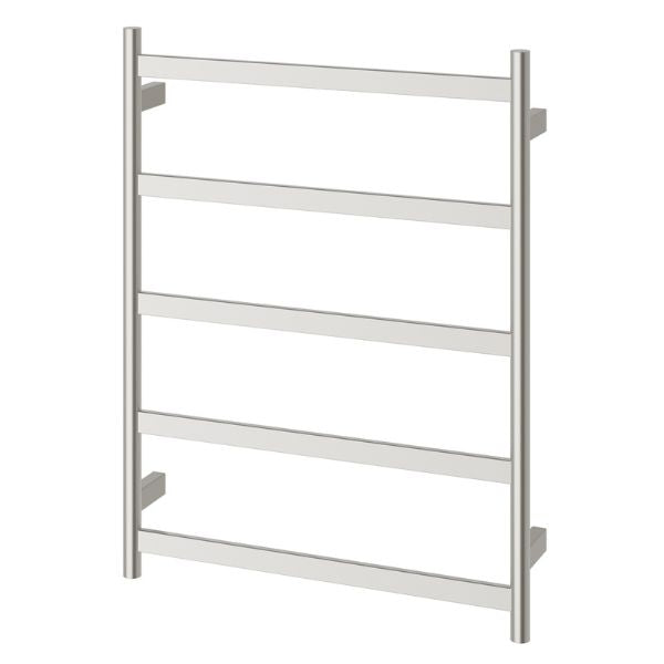 Phoenix Five Flat Bar heated towel ladder in brushed nickel, front view, with five flat bars and vertical side rails