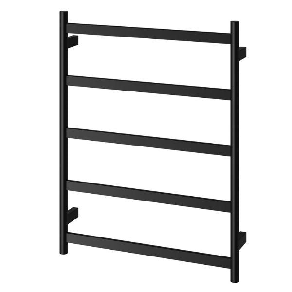 Phoenix Five Flat Bar heated towel ladder in matte black, front view, with five horizontal bars and round side rails.