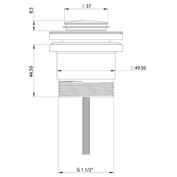 Phoenix 40mm universal flat pop-up waste technical drawing in brushed nickel with dimensions and threaded G1 1/2" fitting