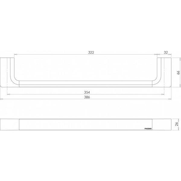 Phoenix Gloss hand towel holder in brushed gold, shown as a technical line drawing with dimensions