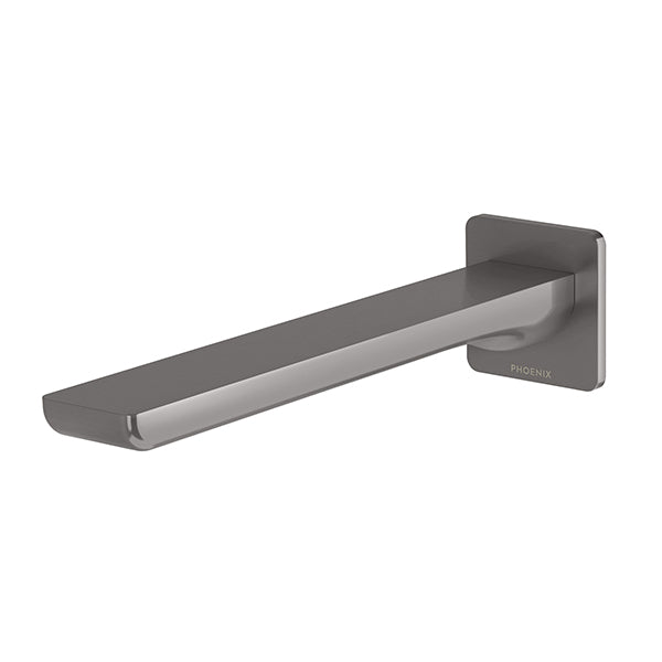 Phoenix Gloss MKII wall basin/bath outlet in brushed carbon, 200mm straight spout with square wall plate