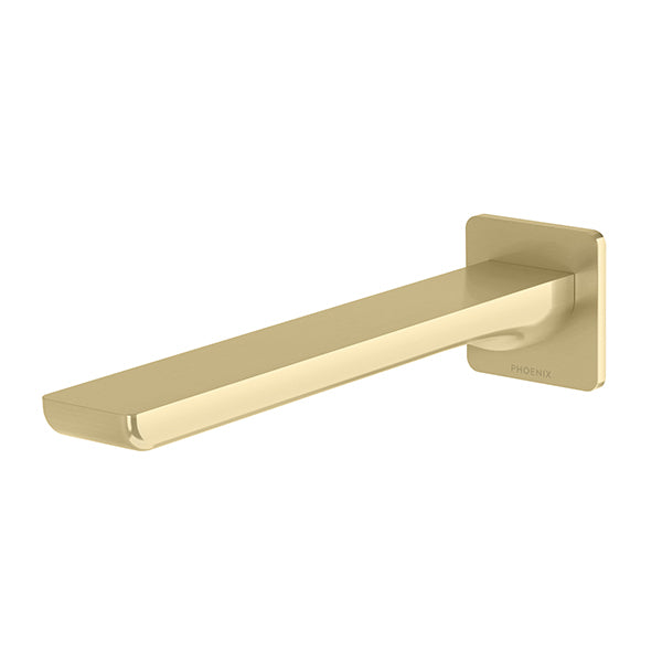 Phoenix Gloss MKII wall basin/bath outlet in brushed gold, 200mm fixed square spout with wall plate, front view
