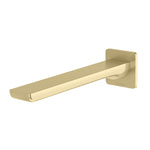 Phoenix Gloss MKII wall basin/bath outlet in brushed gold, 200mm fixed square spout with wall plate, front view