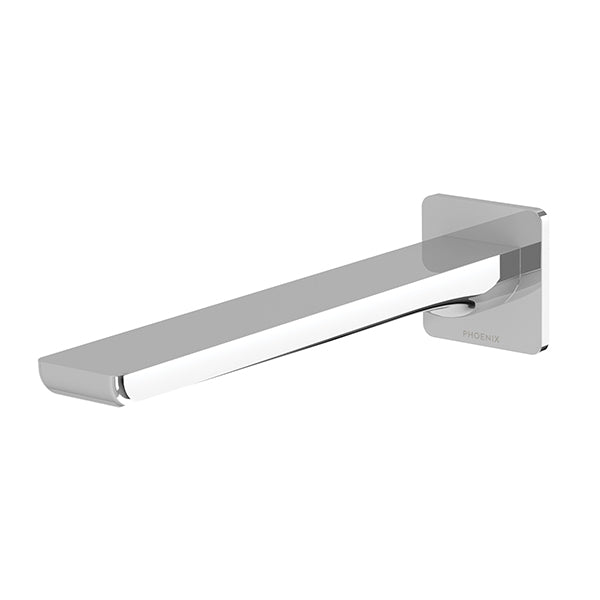 Phoenix Gloss MKII wall basin/bath outlet 200mm in chrome, modern wall spout with square backplate and curved spout