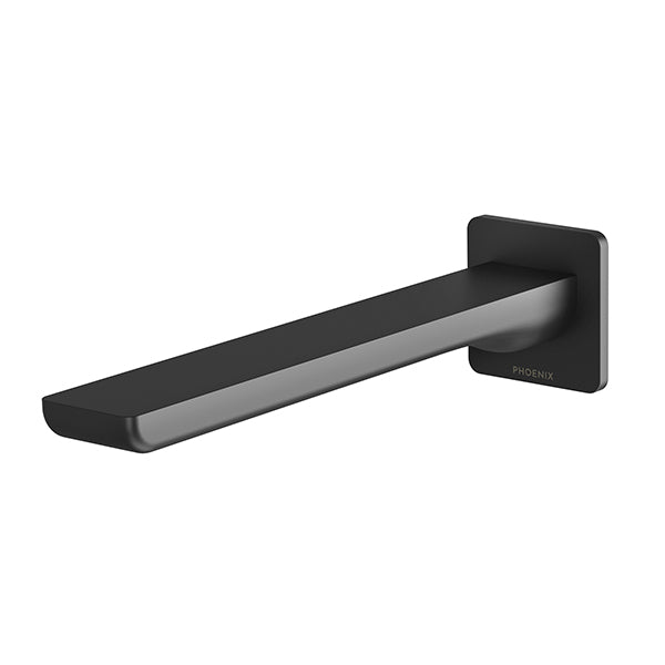 Phoenix Gloss MKII matte black wall basin/bath outlet tap with square wall plate, side view