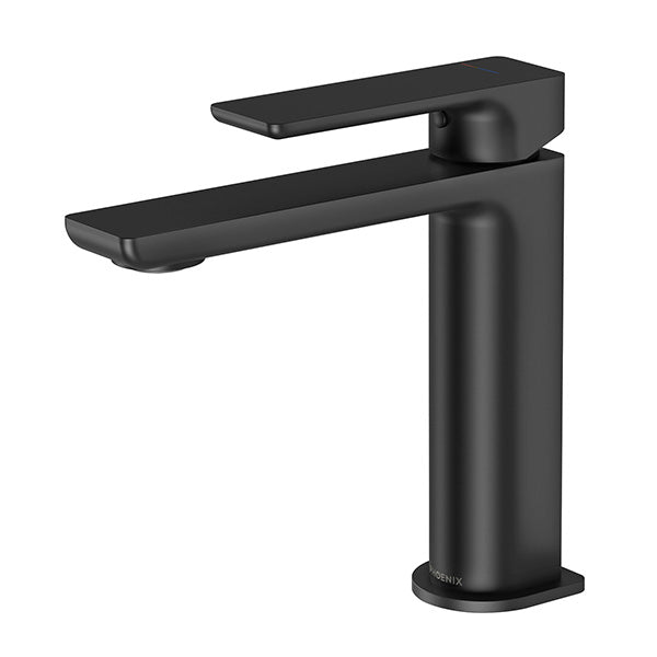 Phoenix Gloss MKII basin mixer tap in matte black, single lever, hob mounted, side view on white background