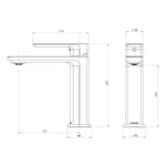 Phoenix Gloss MKII basin mixer technical drawing in chrome with dimensions shown, side and front views