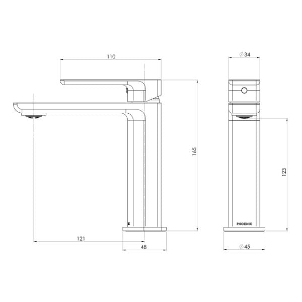 Phoenix Gloss MKII basin mixer technical drawing in chrome with dimensions shown, side and front views