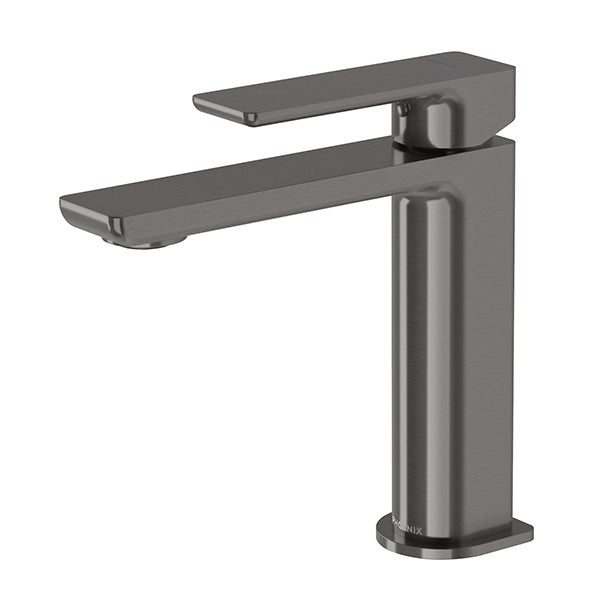 Phoenix Gloss MKII basin mixer in brushed carbon, shown on white background with tall rectangular spout and lever handle.