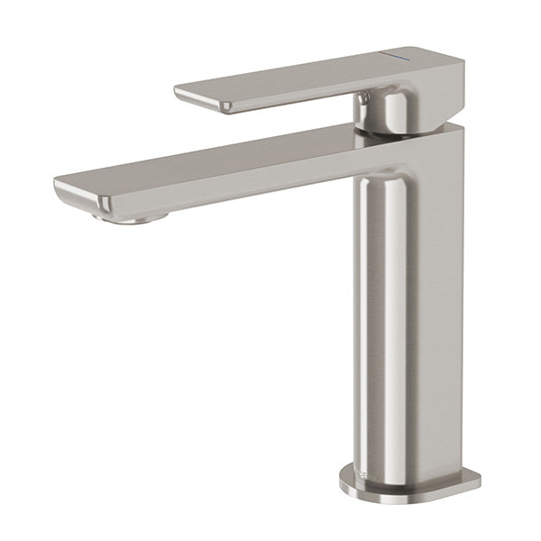 Phoenix Gloss MKII basin mixer in brushed nickel, with a tall square body and flat lever spout
