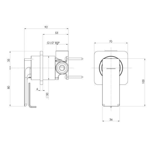 Technical drawing of Phoenix Gloss MKII wall mixer in matte black, showing front and side views with dimensions and G1/2" BSP connection