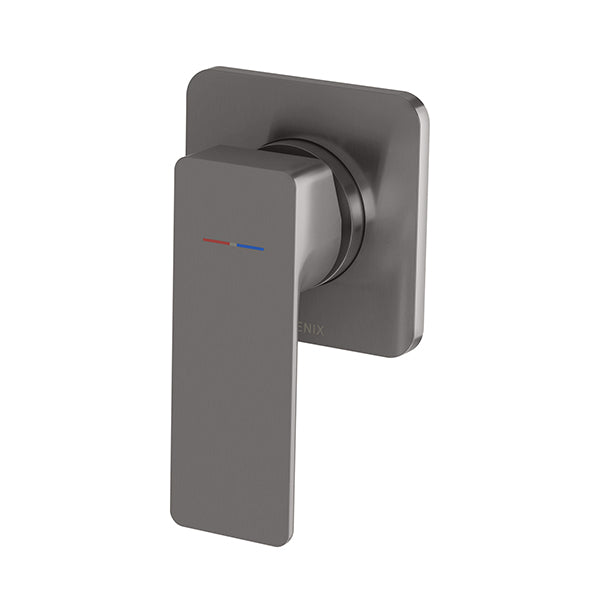 Phoenix Gloss MKII shower wall mixer in brushed carbon, wall-mounted with square backplate and curved lever handle