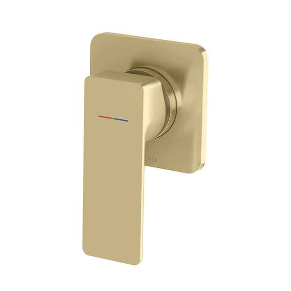 Phoenix Gloss MKII wall mixer in brushed gold, single lever tap with square backplate, front view
