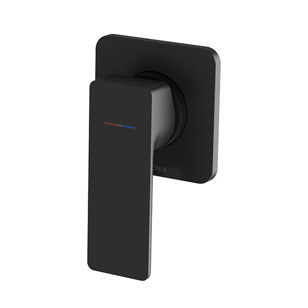 Phoenix Gloss MKII shower wall mixer in matte black, wall-mounted with square backplate and curved lever handle