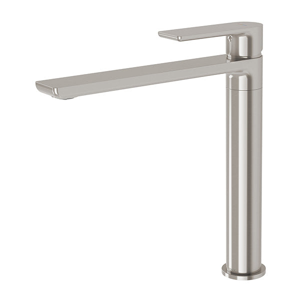 Phoenix Gloss MKII sink mixer in brushed nickel, single-lever tap with long flat spout, side view on white background