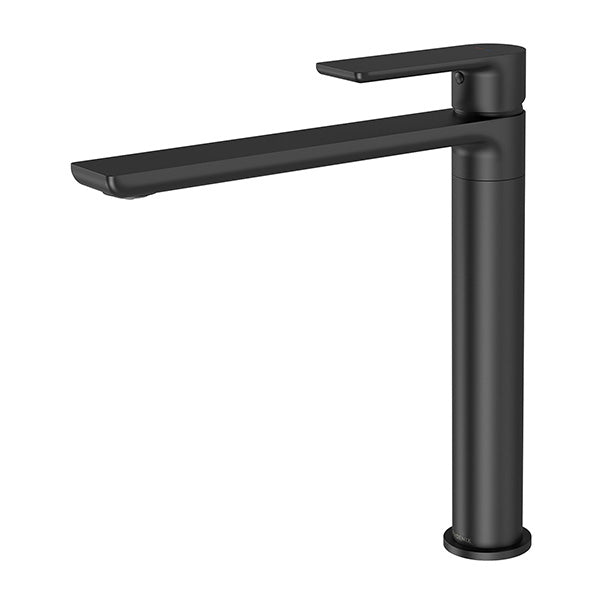 Phoenix Gloss MKII matte black sink mixer with single lever and long swivel spout, side view