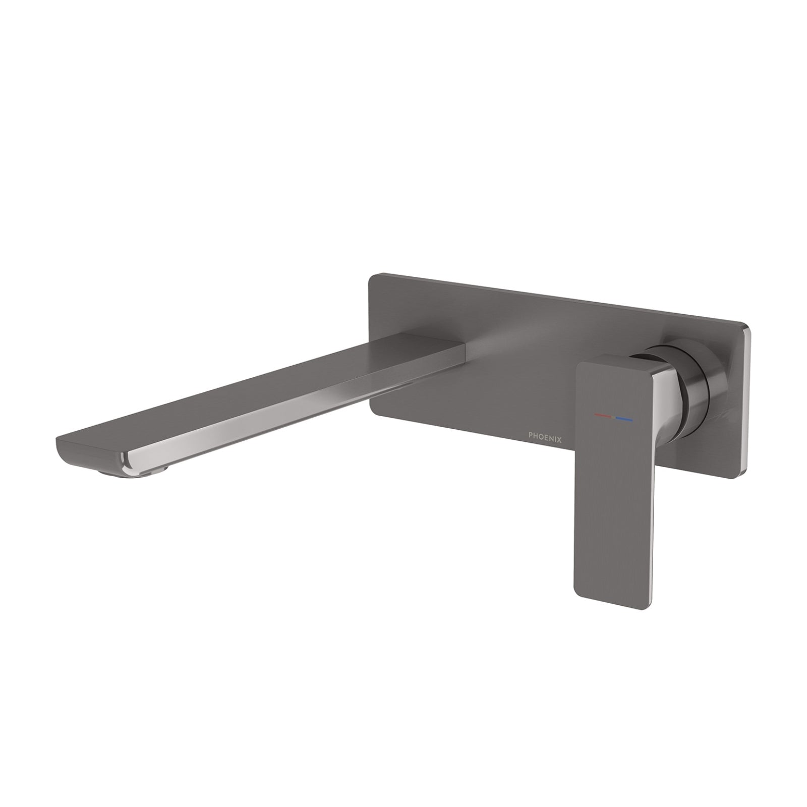 Phoenix Gloss MKII wall basin mixer set in brushed carbon, wall-mounted with long spout and lever handle