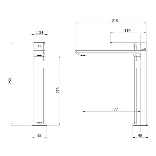 Phoenix Gloss MKII vessel mixer technical drawing in brushed nickel, showing front and side views with dimensions