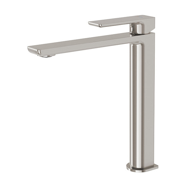 Phoenix Gloss MKII vessel mixer tap in brushed nickel, tall square design with long flat spout on white background