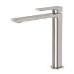 Phoenix Gloss MKII vessel mixer tap in brushed nickel, tall square design with long flat spout on white background