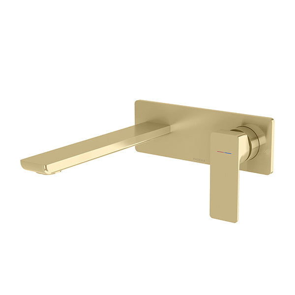 Phoenix Gloss MKII wall basin/bath mixer set in brushed gold with long rectangular spout and lever handle