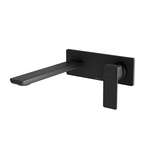 Phoenix Gloss MKII wall basin/bath mixer set in matte black, wall-mounted tap with rectangular spout and lever handle