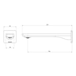 Phoenix Gloss MKII wall basin/bath outlet technical drawing in brushed gold, showing 200mm spout dimensions and wall plate view