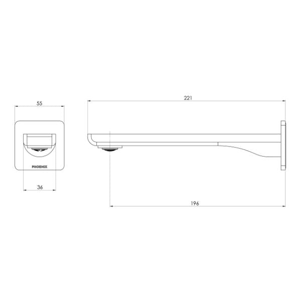Phoenix Gloss MKII wall basin/bath outlet technical drawing in brushed gold, showing 200mm spout dimensions and wall plate view