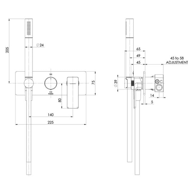 Technical line drawing of Phoenix Gloss MKII wall shower system, showing dimensions and side view in brushed carbon finish