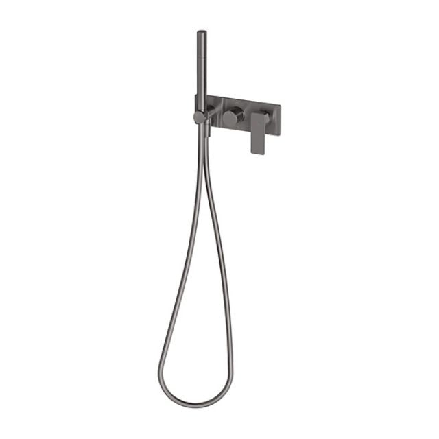 Phoenix Gloss MKII wall shower system in brushed carbon, wall-mounted with hand shower and hose on rectangular backplate