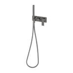 Phoenix Gloss MKII wall shower system in brushed carbon, wall-mounted with hand shower and hose on rectangular backplate