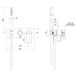 Phoenix Gloss MKII wall shower system technical drawing in brushed nickel, front and side views with dimensions.