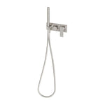 Phoenix Gloss MKII wall shower system in brushed nickel, wall mounted with hand shower and hose on a square backplate