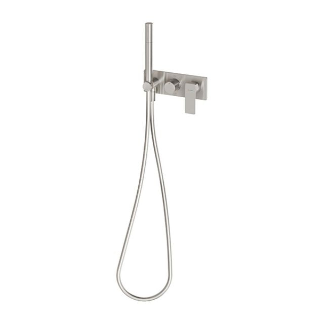 Phoenix Gloss MKII wall shower system in brushed nickel, wall mounted with hand shower and hose on a square backplate