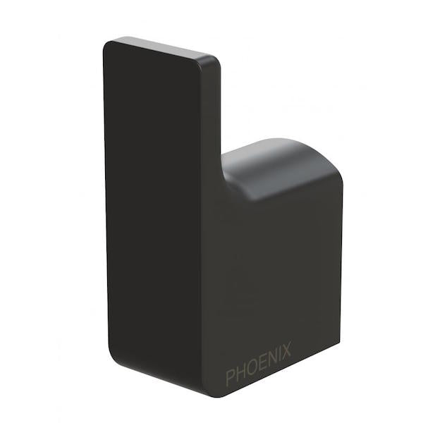 Phoenix Gloss robe hook in matte black, rectangular wall hook shown on a white background